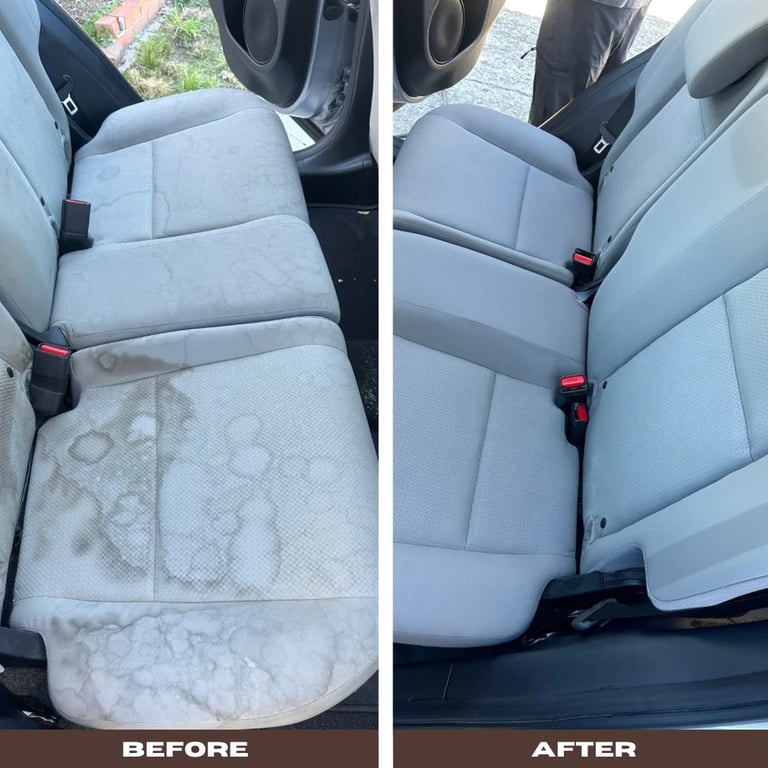 Before and after comparison of car seat cleaning, showing dirty stained seats on left and clean refreshed seats on right