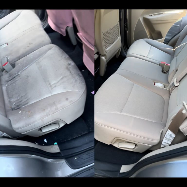 Before and after comparison of car seat cleaning, showing dirty fabric seat on left and restored clean beige seat on right