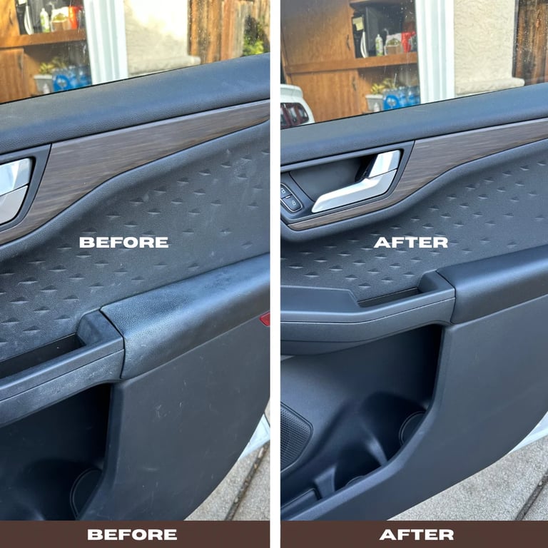 Before and after comparison of car door panel restoration showing worn textured panel transformed to smooth, clean interior door finish
