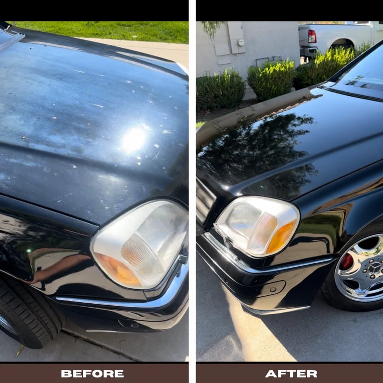 Before and after comparison of car headlight restoration, showing cloudy headlight on left and clear restored headlight on right