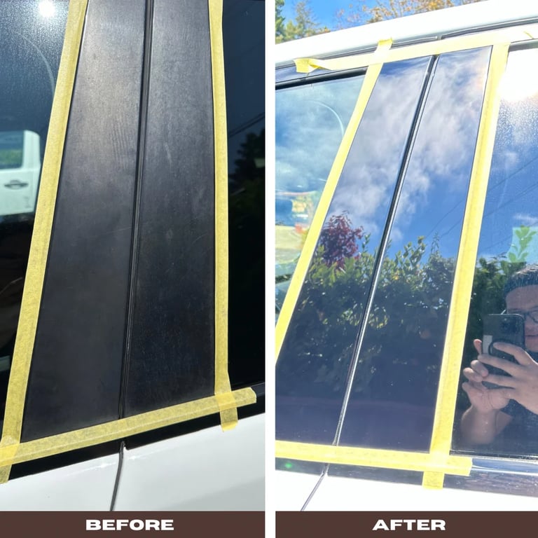 Before and after comparison of window cleaning on a vehicle with yellow trim, showing dirty dark windows transformed to clear reflective windows