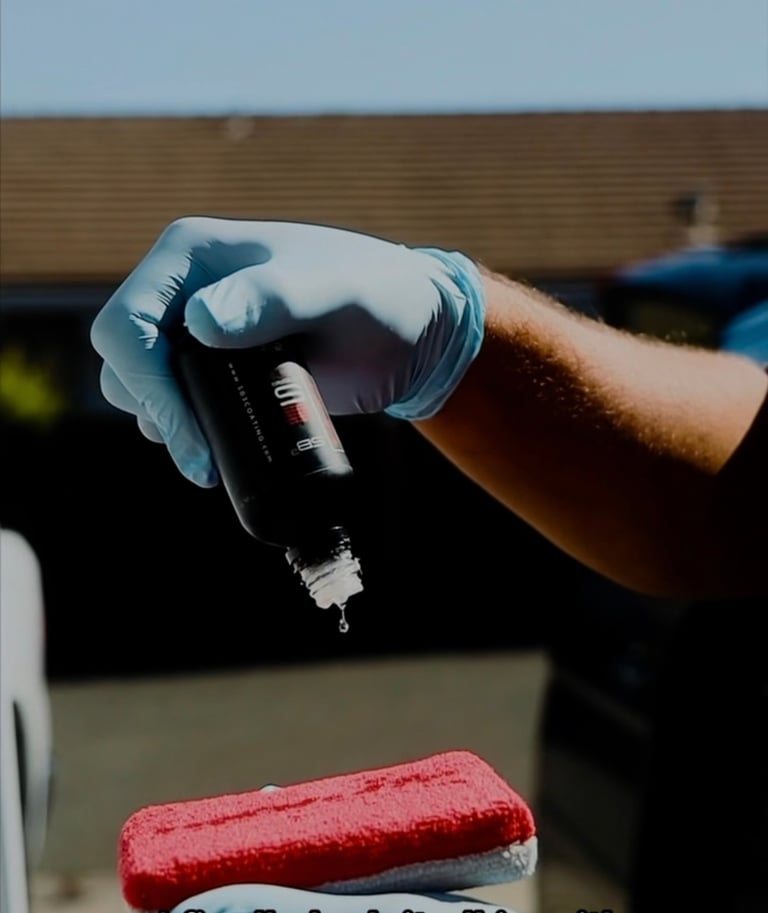 Gloved hand squeezing black paint or product from a brush onto a red sponge or applicator pad