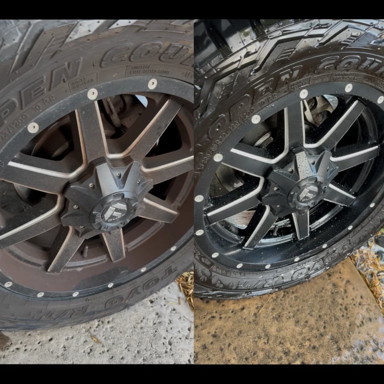 Before and after comparison of a vehicle wheel and tire, showing cleaning or restoration results